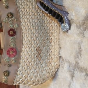 Avon Vtg wicker and leather bag with silver hardware and floral embellis…